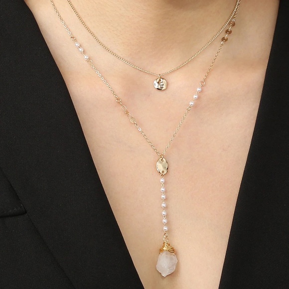 Elegant Layered White Agate Gold Wrapped Pendant With Accent Dainty Pearls - Picture 3 of 8